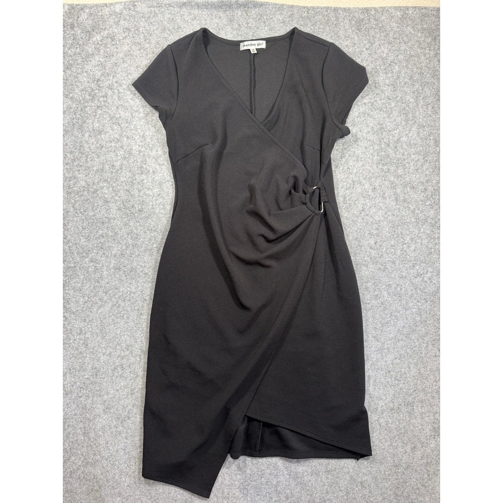 Madden Girl Women Faux Wrap Sheath Dress 1X Black Side Ring Detail V-Neck